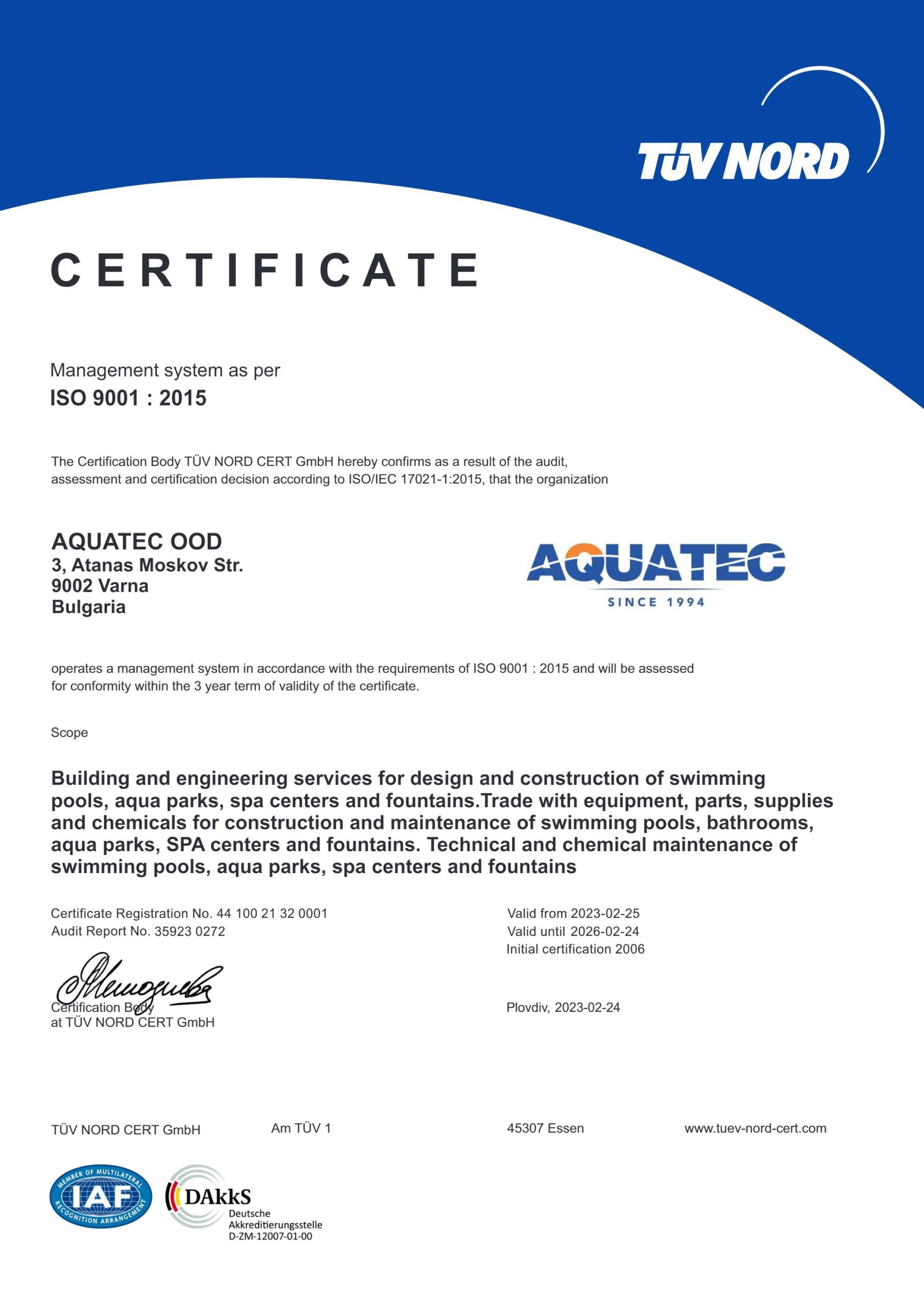 CERTIFICATE ACCORDING TO ISO 9001 : 2015